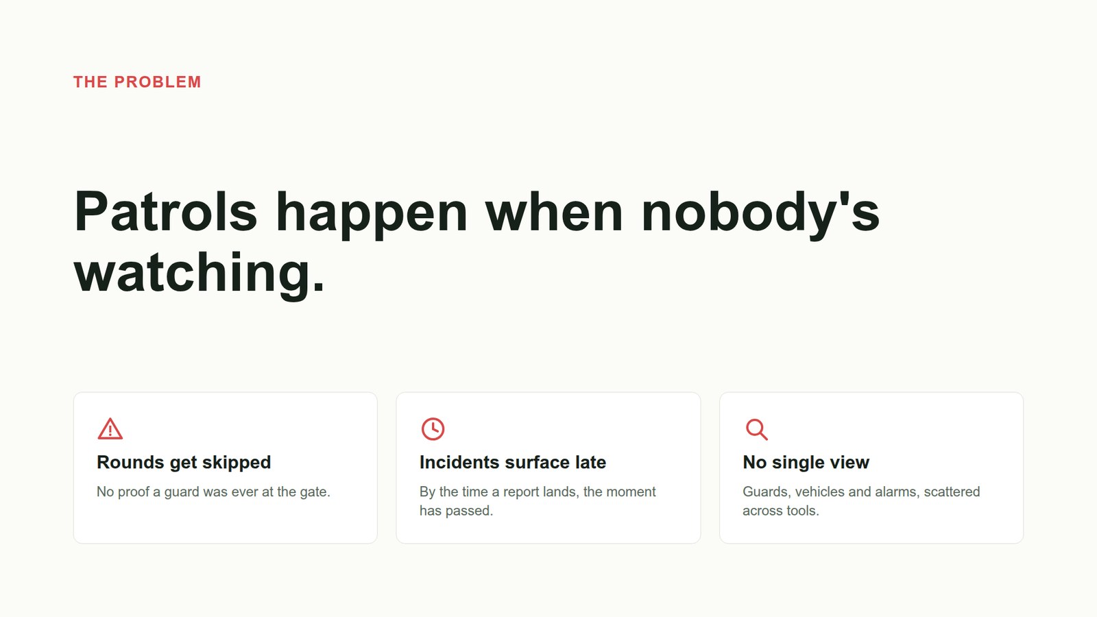 The problem: patrols happen when nobody's watching -- rounds get skipped, incidents surface late, no single view.